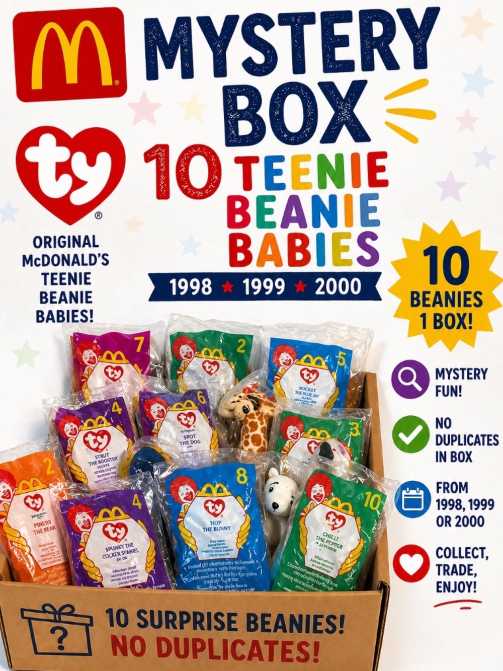 McDonalds Teenie Beanie Babies Mystery Box Lot of 10 98/99/2000 No Duplicates